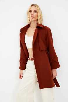 Trendyol, Palton din amestec de lana cu cordon in talie, Rosu inchis, S Trendyol, Palton din amestec de lana cu cordon in talie, Rosu inchis, S