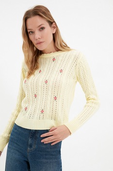 Trendyol, Pulover cu perforatii si broderie florala, Galben, M Trendyol, Pulover cu perforatii si broderie florala, Galben, M