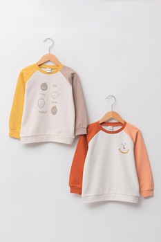 LC WAIKIKI, Set de bluze sport de bumbac cu imprimeu grafic - 2 piese, Alb/Orange/Galben LC WAIKIKI, Set de bluze sport de bumbac cu imprimeu grafic - 2 piese, Alb/Orange/Galben