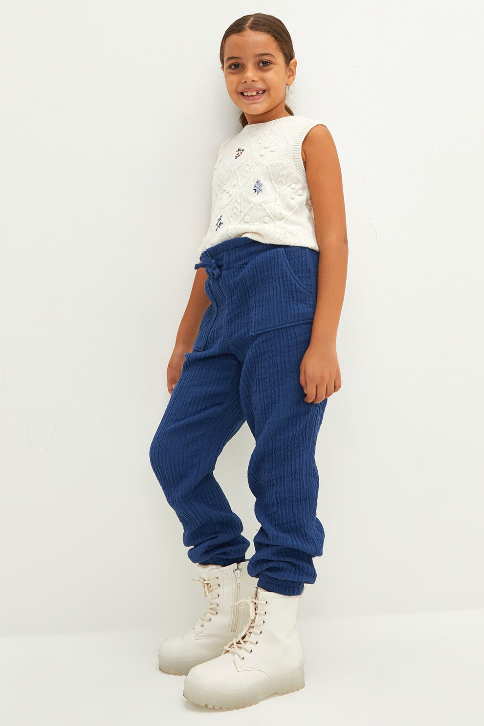 LC WAIKIKI, Pantaloni jogger cu striatii si snur, Albastru inchis