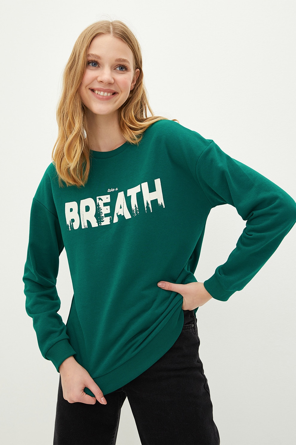 LC WAIKIKI, Bluza sport cu imprimeu mesaj, Verde englez/Alb