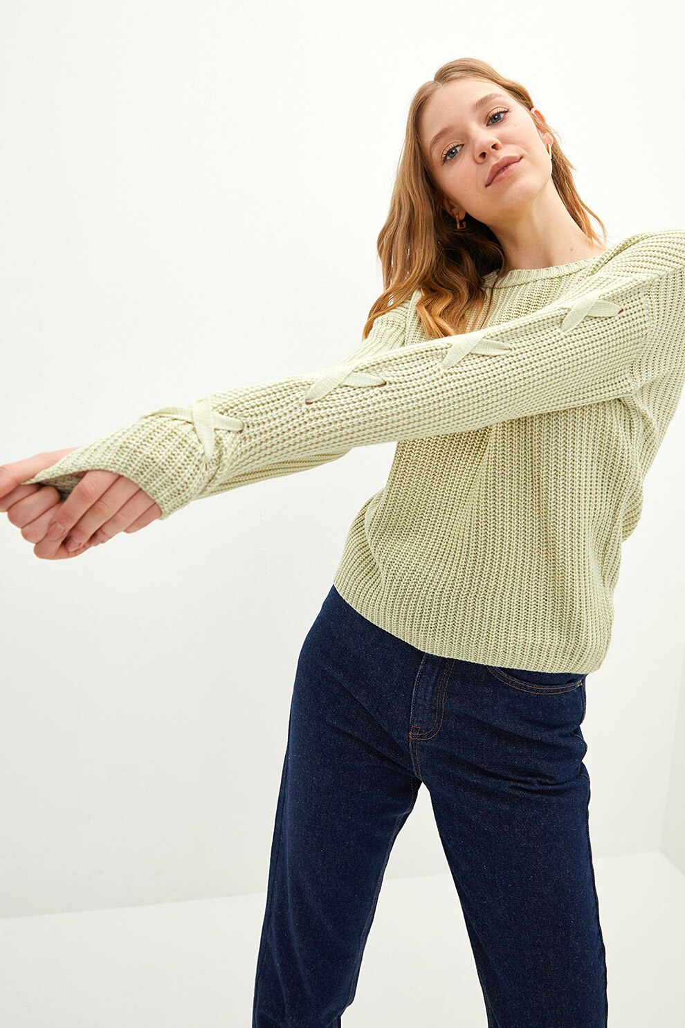 LC WAIKIKI, Pulover cu decolteu la baza gatului si sireturi, Verde pal