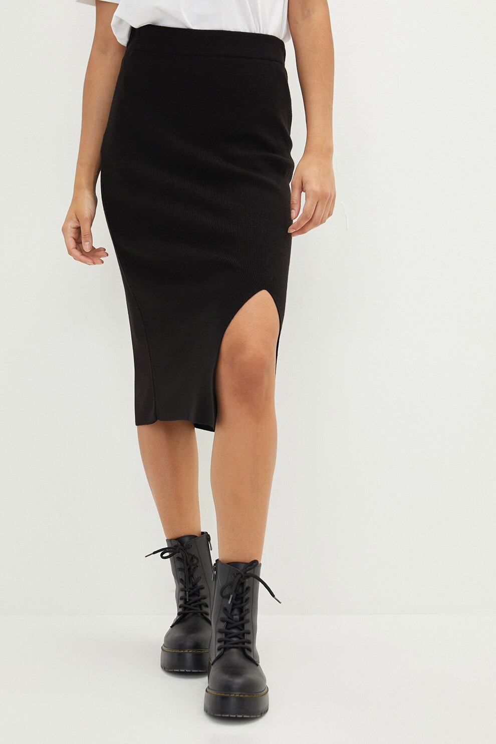 LC WAIKIKI, Fusta midi cu slit frontal si talie inalta, Negru