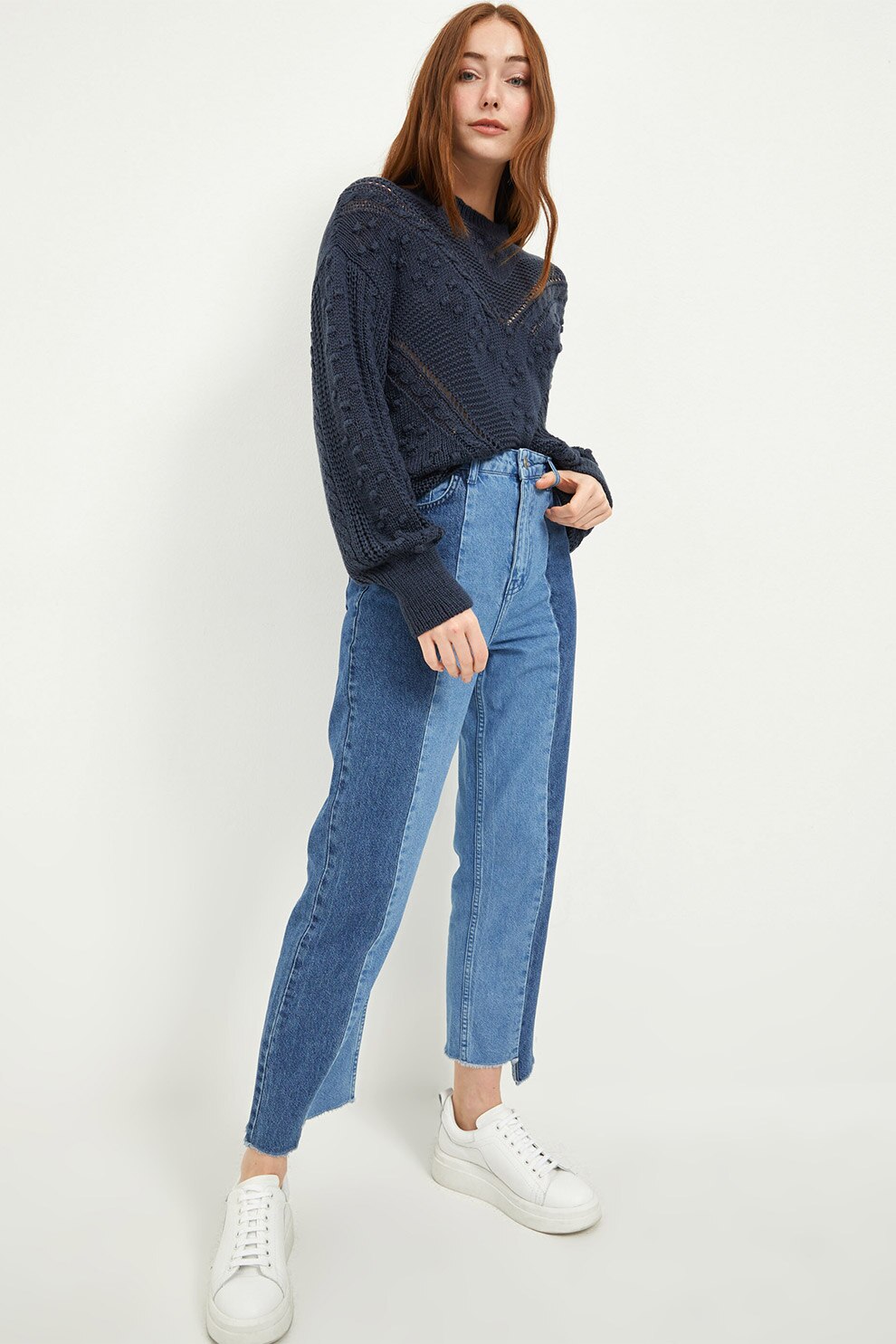 LC WAIKIKI, Blugi crop cu model colorblock, Albastru inchis