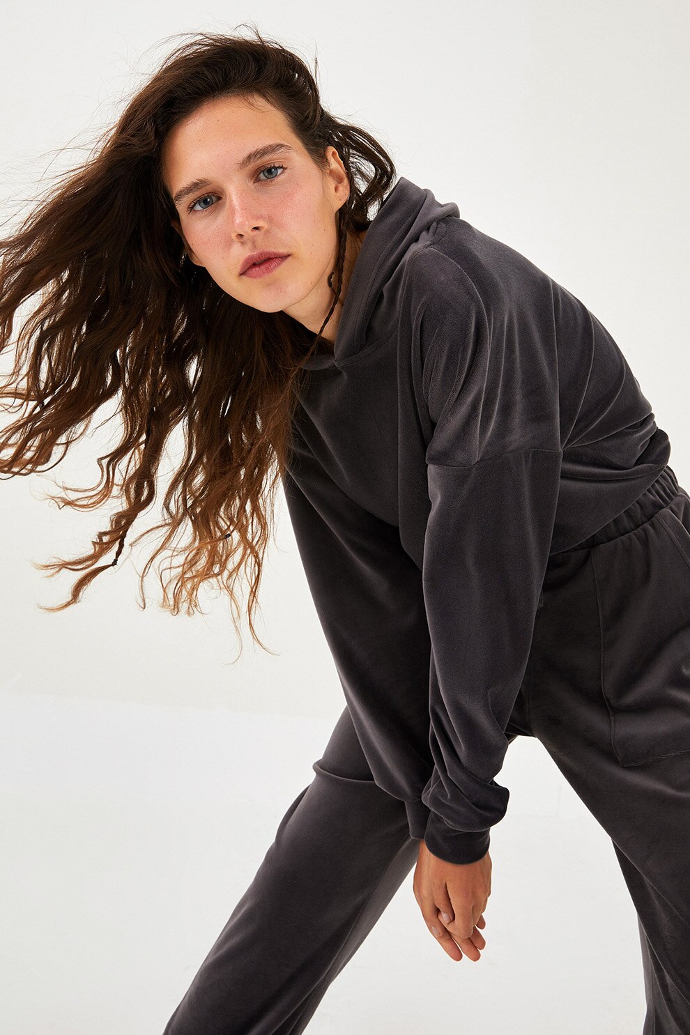 LC WAIKIKI, Hanorac catifelat cu terminatie elastica, Gri antracit