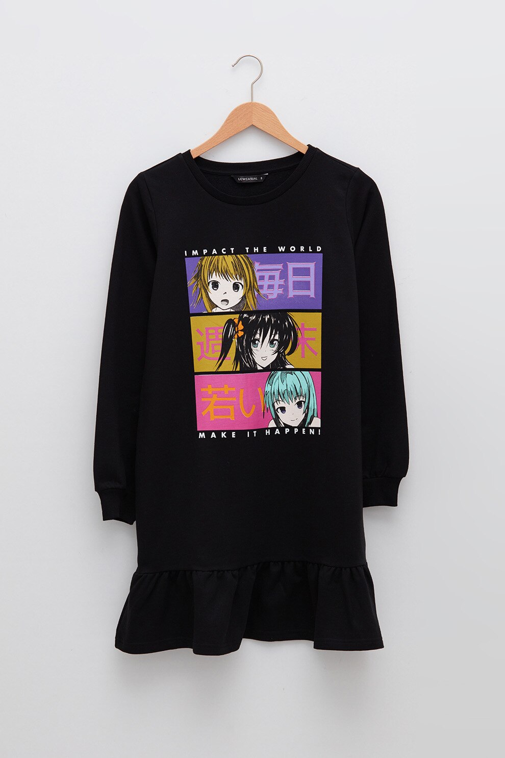 LC WAIKIKI, Rochie sport cu model grafic si terminatie peplum, negru, mov, roz, M