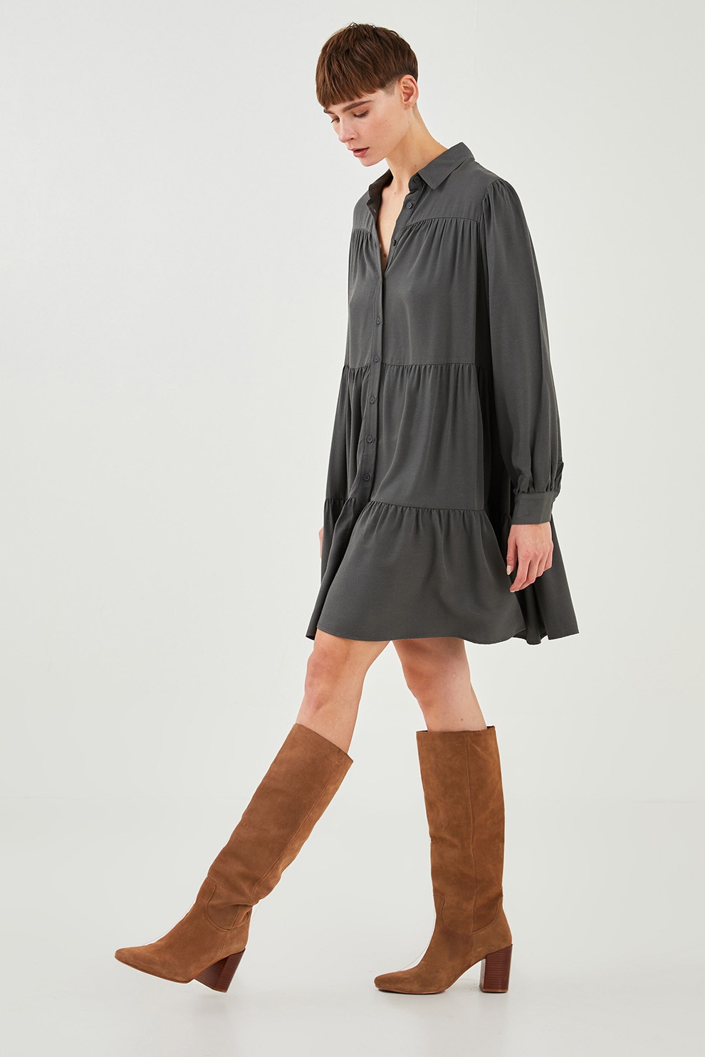 LC WAIKIKI, Rochie stratificata cu nasturi, Gri antracit
