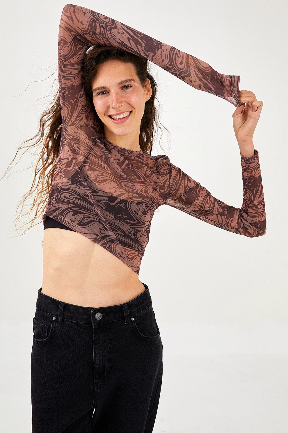 LC WAIKIKI, Bluza crop cu imprimeu abstract, Maro camel/Violet prafuit