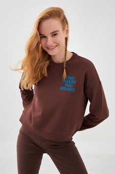 LC WAIKIKI, Bluza sport cu maneci cazute si imprimeu text, Maro inchis/Albastru LC WAIKIKI, Bluza sport cu maneci cazute si imprimeu text, Maro inchis/Albastru