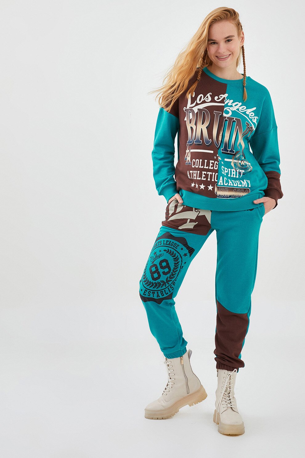 LC WAIKIKI, Bluza sport cu imprimeu si maneci cazute, Turcoaz/Maro/Alb