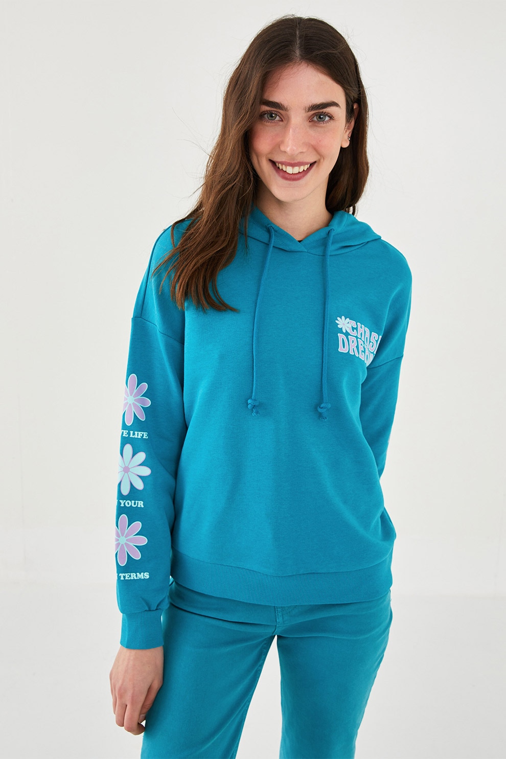 LC WAIKIKI, Hanorac cu snur, imprimeu si maneci cazute, Albastru/Alb