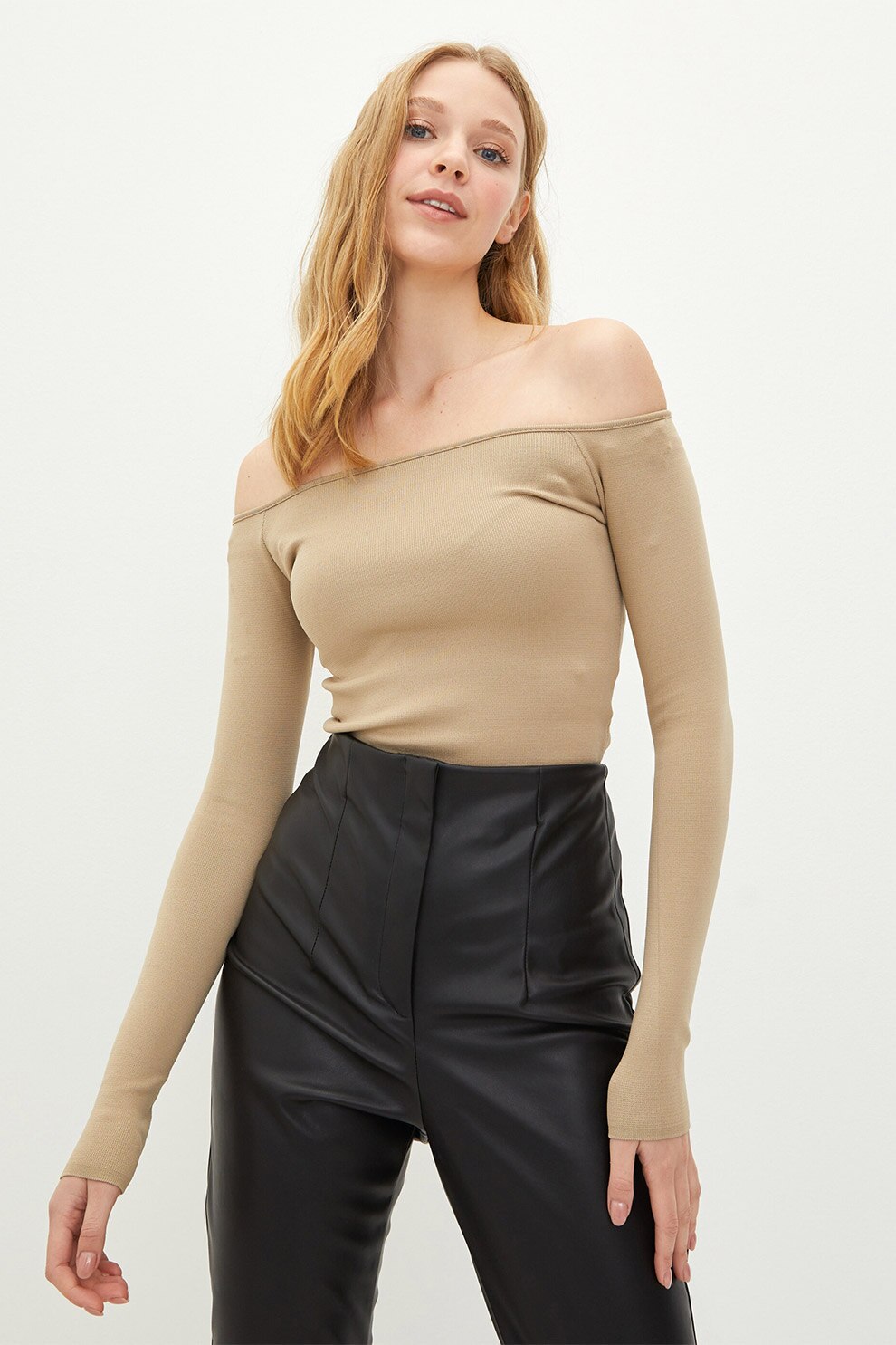 LC WAIKIKI, Bluza crop cu decolteu pe umeri, Maro camel, M