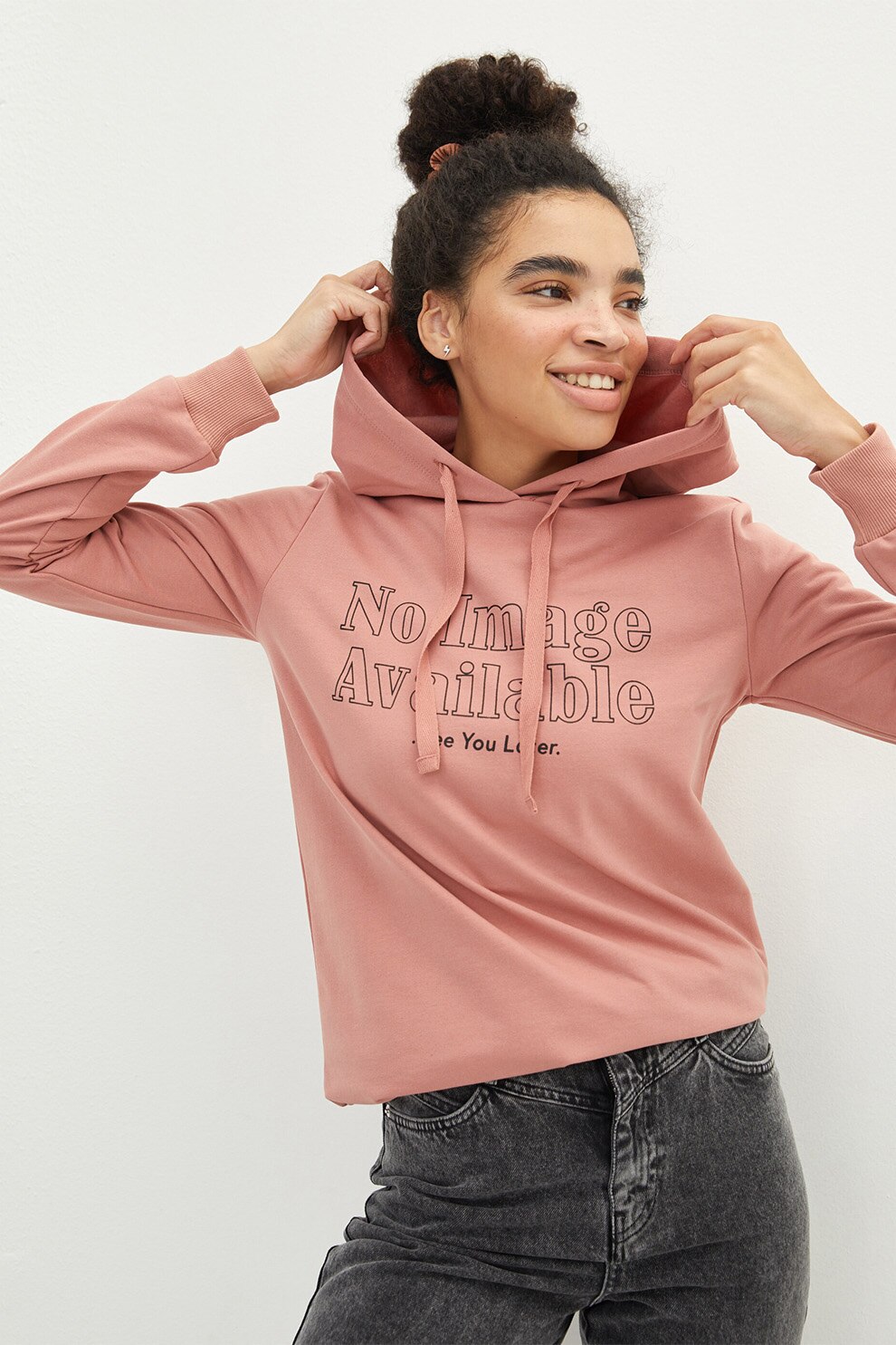 LC WAIKIKI, Hanorac cu snur si imprimeu text, Roz