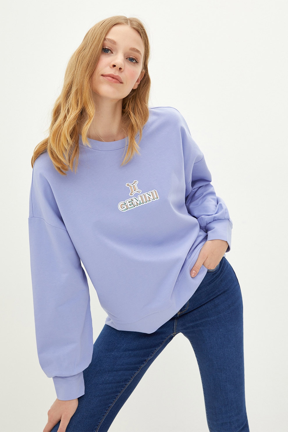 LC WAIKIKI, Bluza sport cu maneci cazute si simbol Gemeni, Lila prafuit
