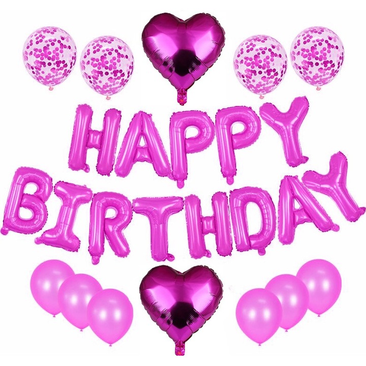 Комплект от 25 балона Happy Birthday, розова маджента, време е за парти