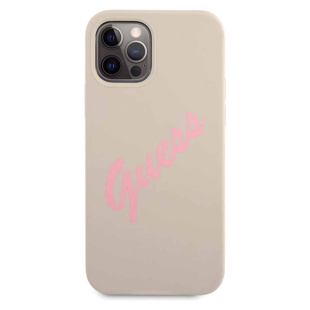 Husa Guess Vintage Script pentru iPhone 12 Pro Max, Silicon, Gri/Roz