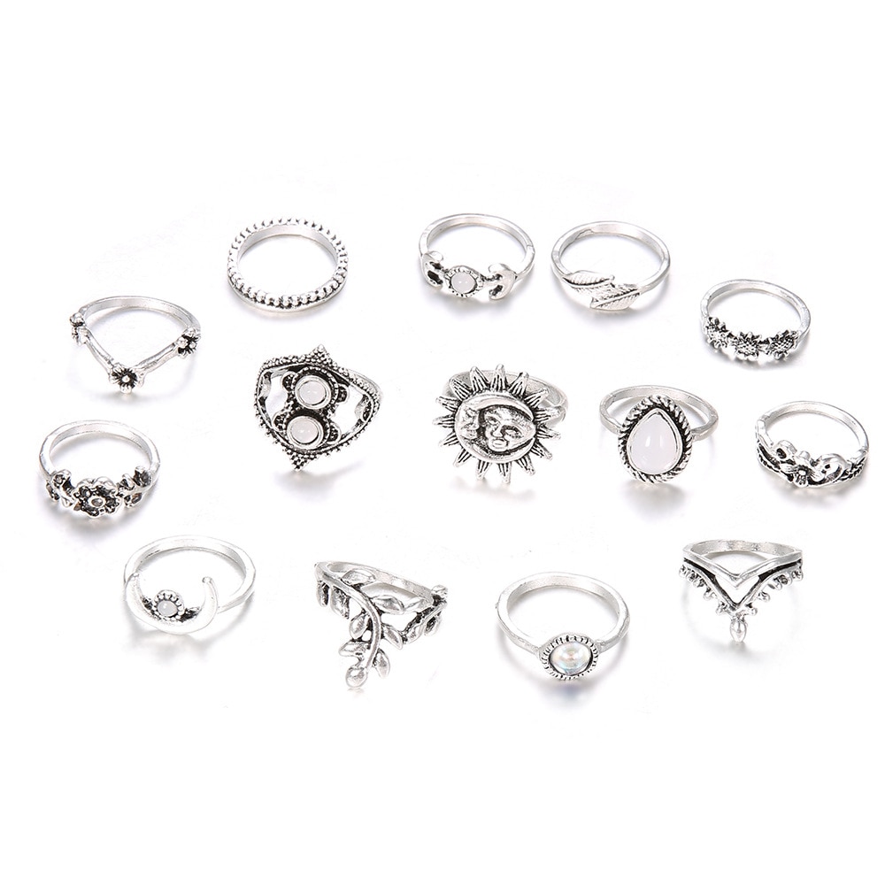 Set 14 inele patinate cu tematica natura soare luna frunze cu pietre albe mate