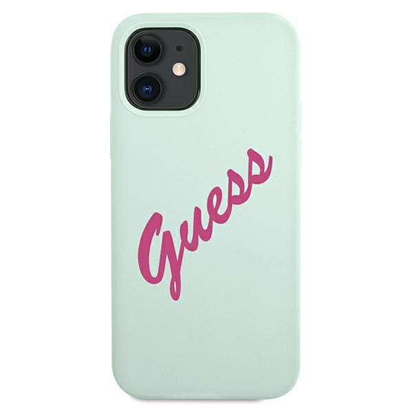 Husa Guess Vintage Script pentru iPhone 12 Mini, Silicon, Albastru deschis