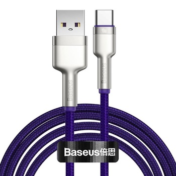 Cablu de date Baseus Cafule, 100W, 5A, QC, USB-A / USB-C, 2 m, Nailon, Mov/Argintiu Cablu de date Baseus Cafule, 100W, 5A, QC, USB-A / USB-C, 2 m, Nailon, Mov/Argintiu