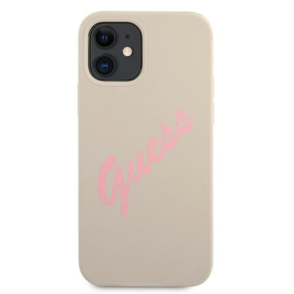 Husa Guess Vintage Script pentru iPhone 12 Mini, Silicon, Gri/Roz
