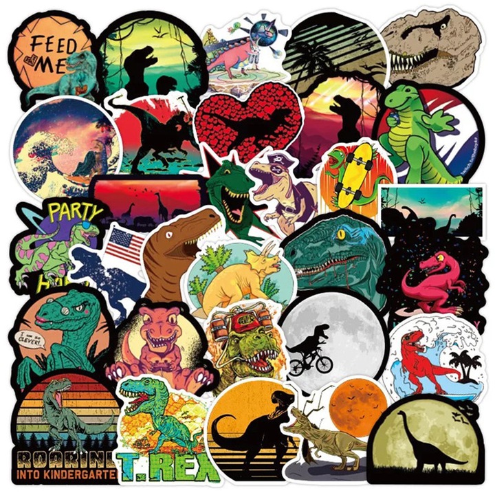 Set 50 autocolante din vinil Lifepal, model Dinozauri, impermeabile, Multicolor