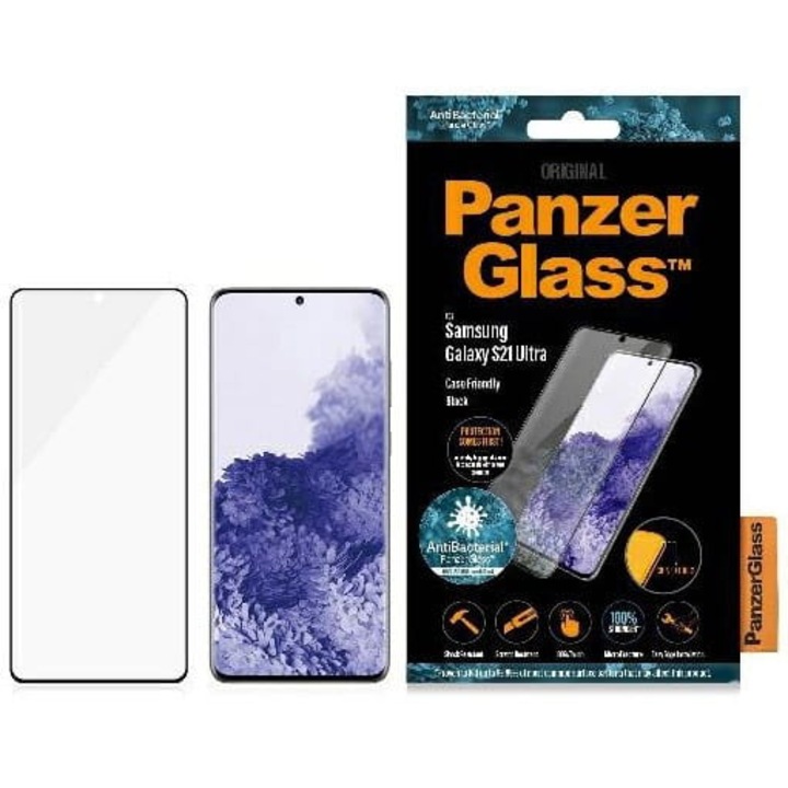 PanzerGlass CE Samsung Galaxy S21 Ultra tokbarát képernyővédő fólia, biztonsági üveg, átlátszó / fekete