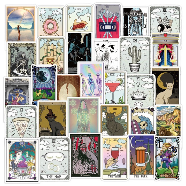 Set 50 autocolante din vinil Lifepal, model Carti de Tarot, impermeabile, Multicolor