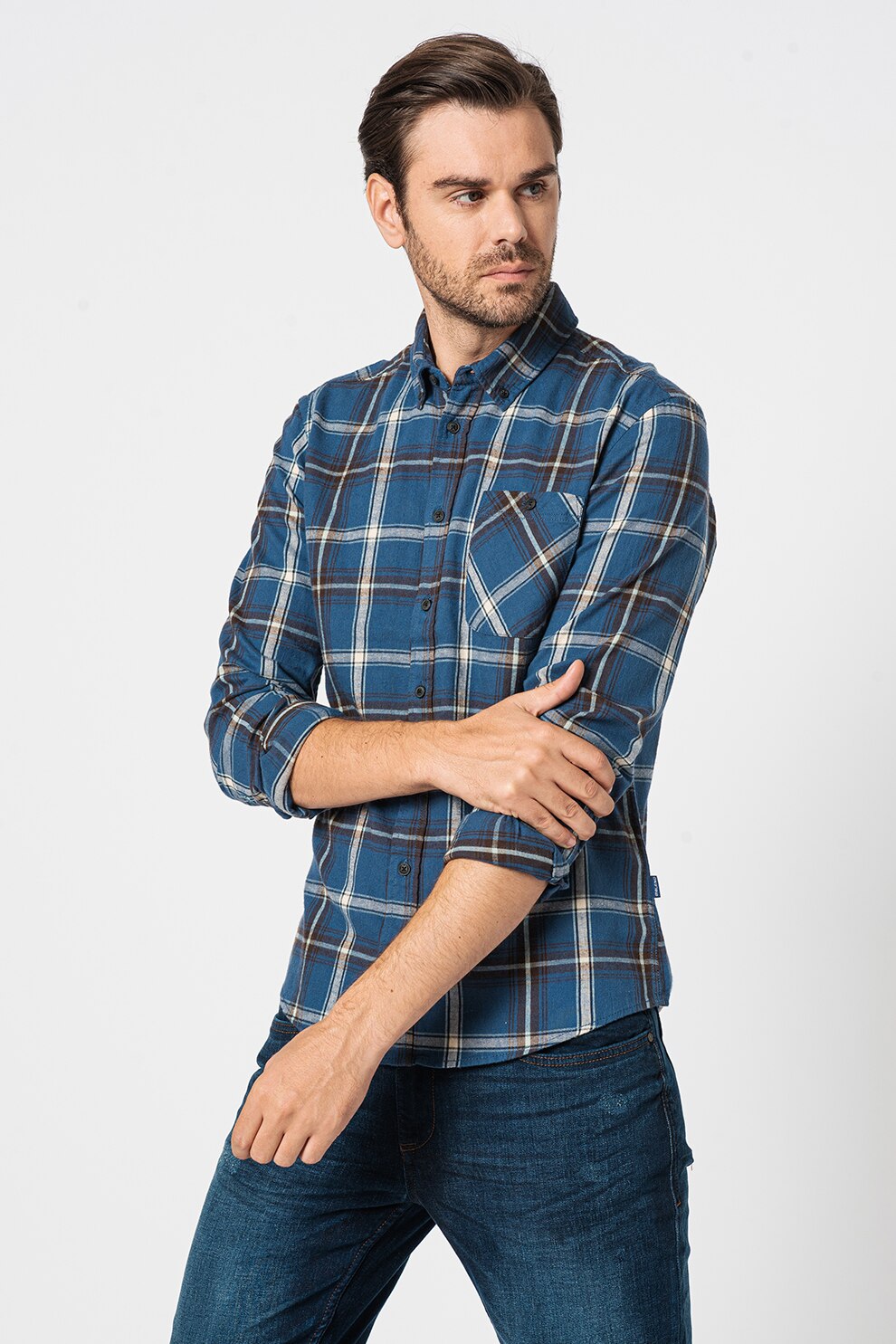 BLEND, Camasa in carouri cu buzunar pe piept, Albastru inchis/Alb/Negru