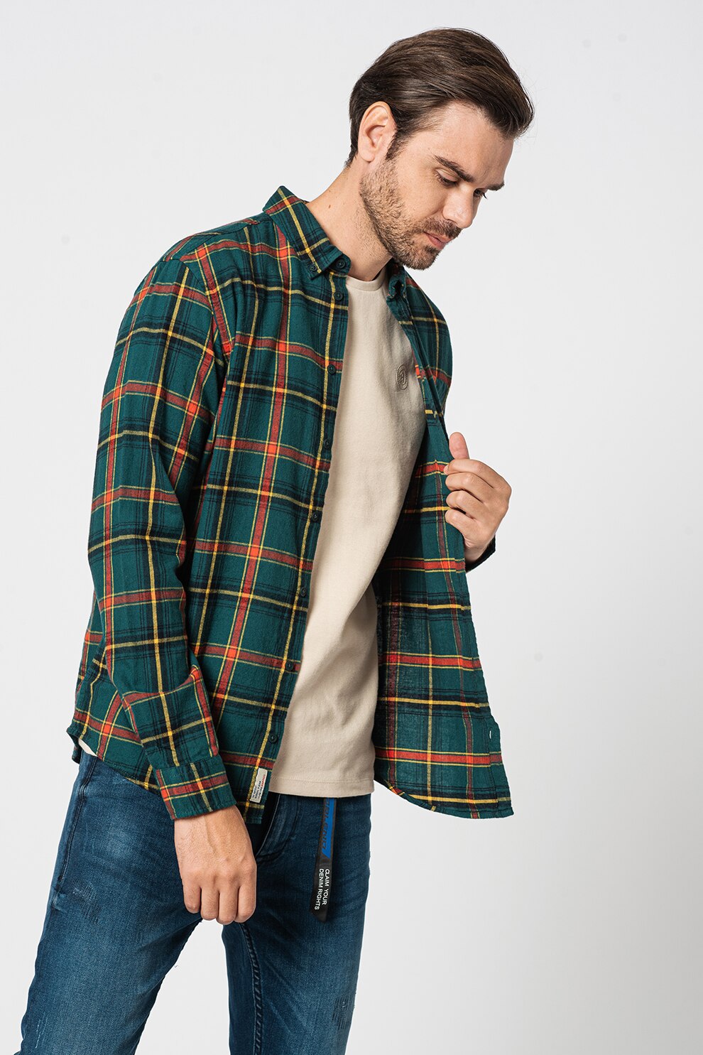 BLEND, Camasa in carouri cu buzunar pe piept, Verde/Galben/Rosu