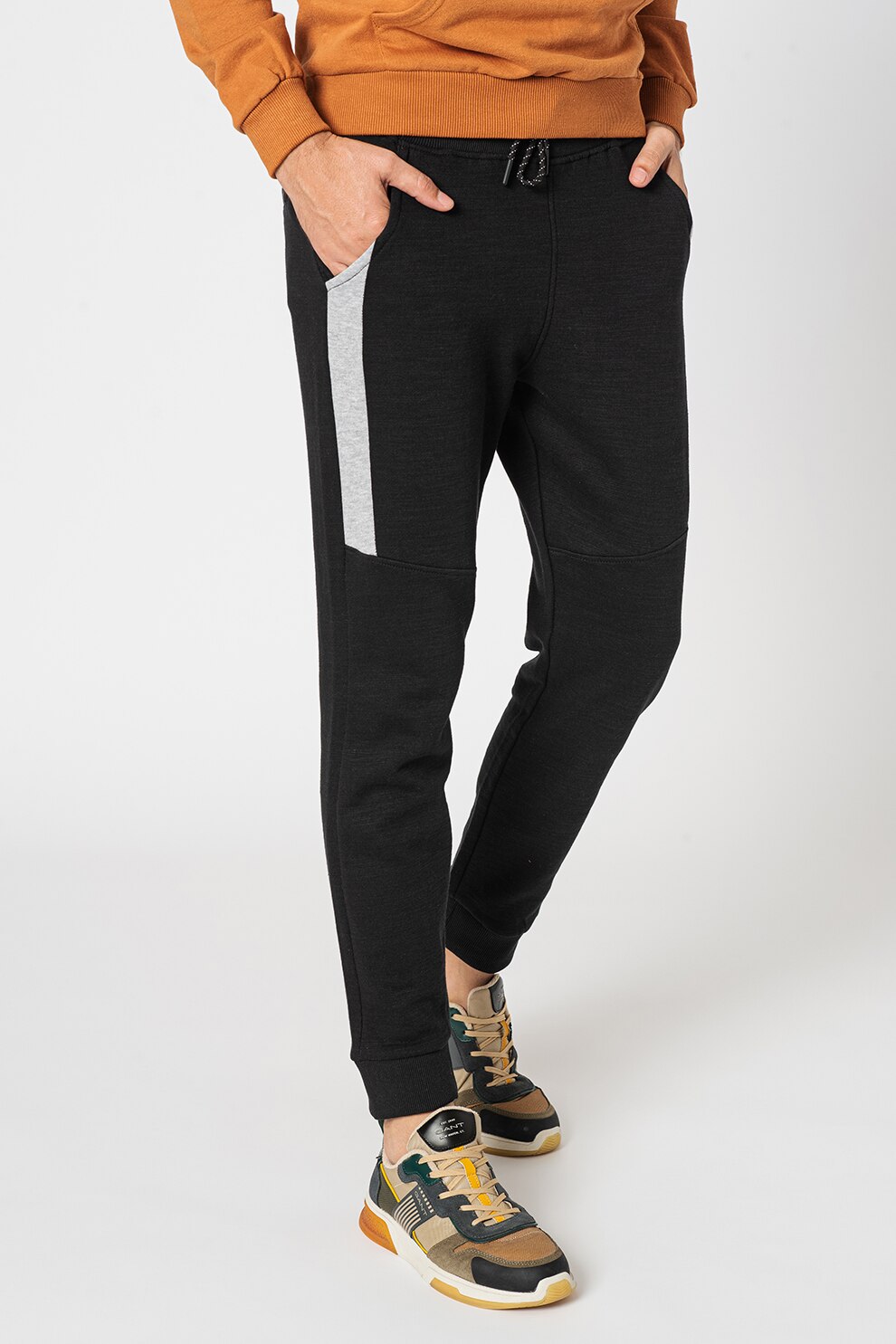 BLEND, Pantaloni sport cu talie ajustabila, Negru stins/Gri melange deschis