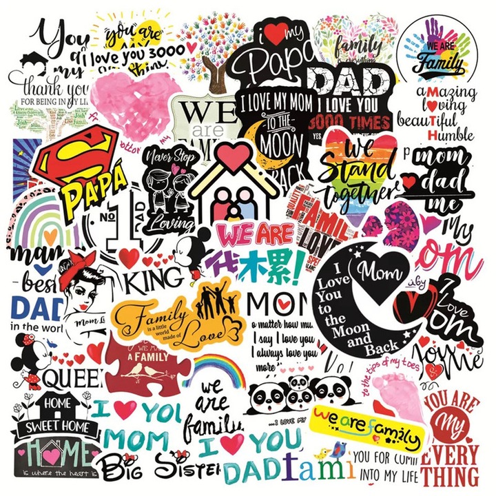 Set 50 autocolante din vinil Lifepal, model Family, impermeabile, Multicolor
