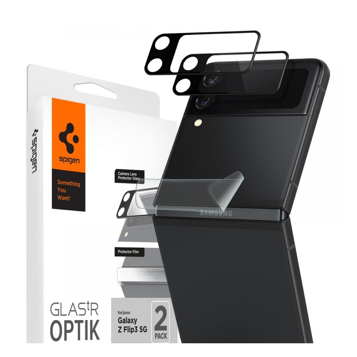 Set 2x Folii Protectie Camera Foto pentru Galaxy Z Flip 3, Spingen Optik.Tr, Sticla Securizata, Transparent/Negru