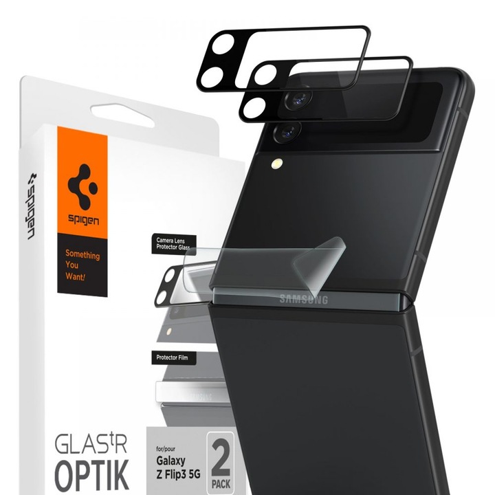 2x kameravédő fólia készlet Galaxy Z Flip 3 készülékhez, Spingen Optik.Tr, Secure Glass, átlátszó / fekete