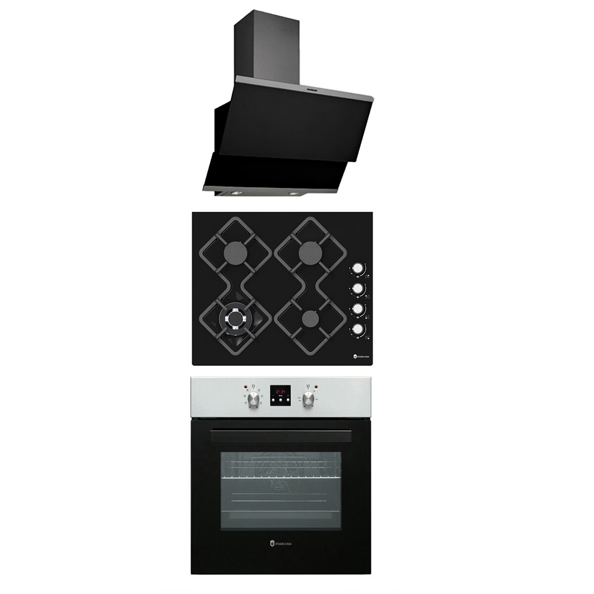 Pachet incorporabil cuptor electric, plita gaz si hota decorativa Modern Glass Studio Casa, 8 functii, Display digital, Ventilator, Termostat, Clasa A, 4 arzatoare gaz, Aprindere electrica, 1 motor, Negru/Inox