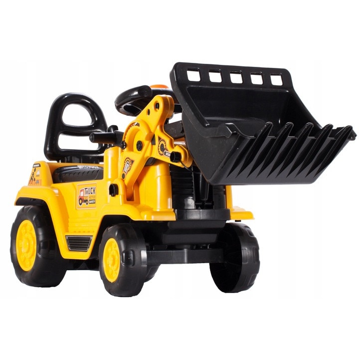 Masinuta Buldoescavator 2 in 1 Ride-On Design Modern cu Olita pentru Interior-Exterior, Volan si Schimbator de Viteze, 82 x 29 x 40 cm, Galben