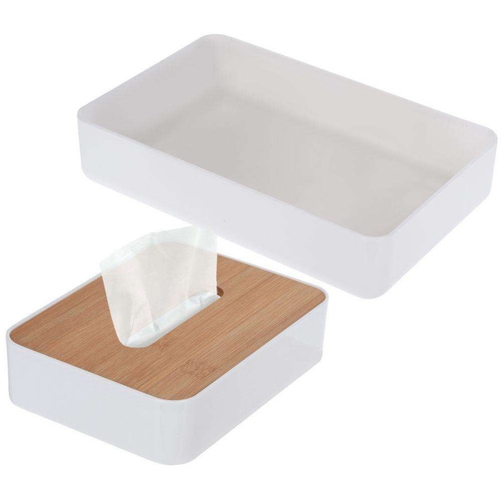 Set cutie servetele si suport Bathroom Solutions, Bambus, 2 dimensiuni, Alb/Maro