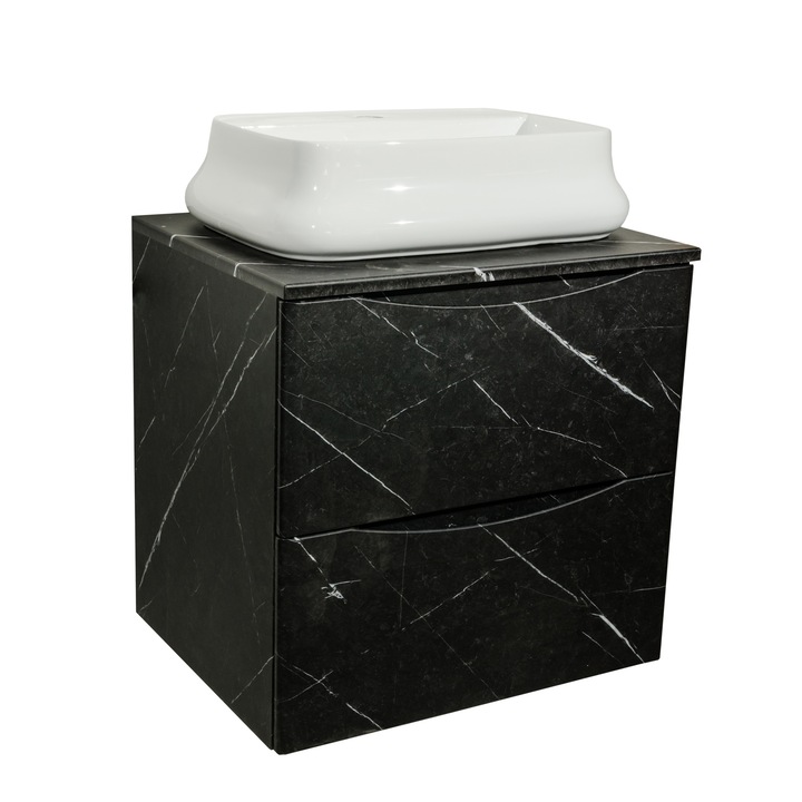 Set baza mobilier baie suspendat Bety 60 x 60 x 46 cm cu blat negru marmorat mat si lavoar ceramic