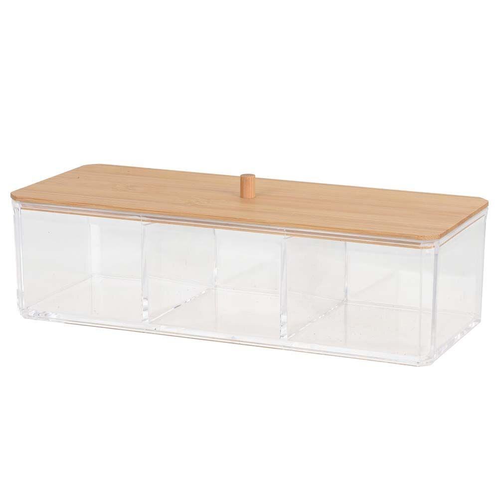 Suport accesorii machiaj Eleganza, Acril/Bambus, 23.5 x 9.5 cm, Transparent/Maro