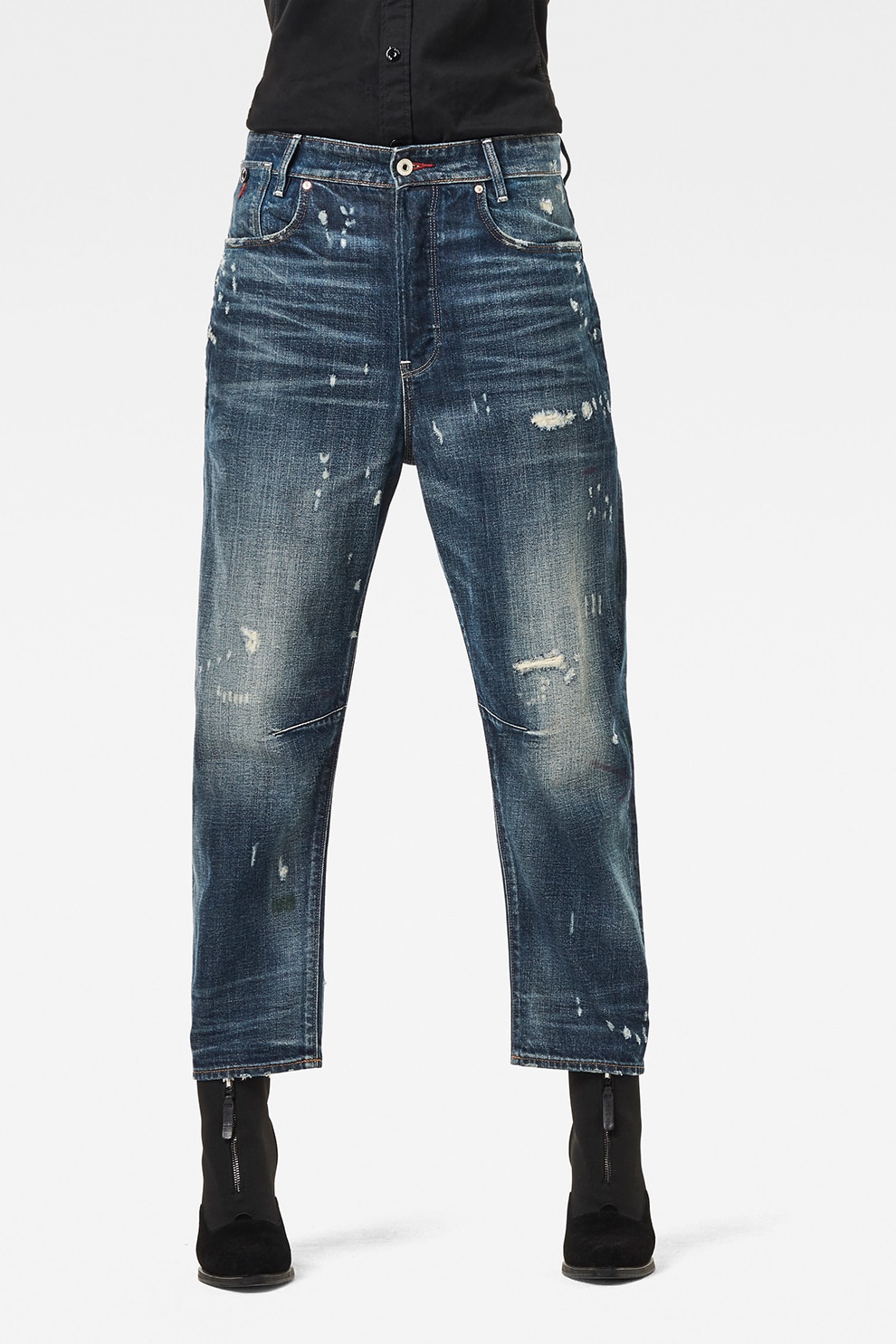 G-Star RAW, Blugi boyfriend crop cu aspect deteriorat C-Staq 3D, Albastru inchis, W25-L32