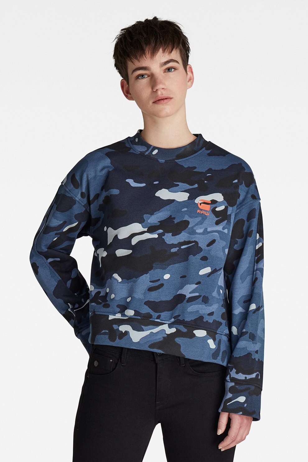 G-Star RAW, Bluza cu decolteu la baza gatului si model abstract, albastru inchis/alb