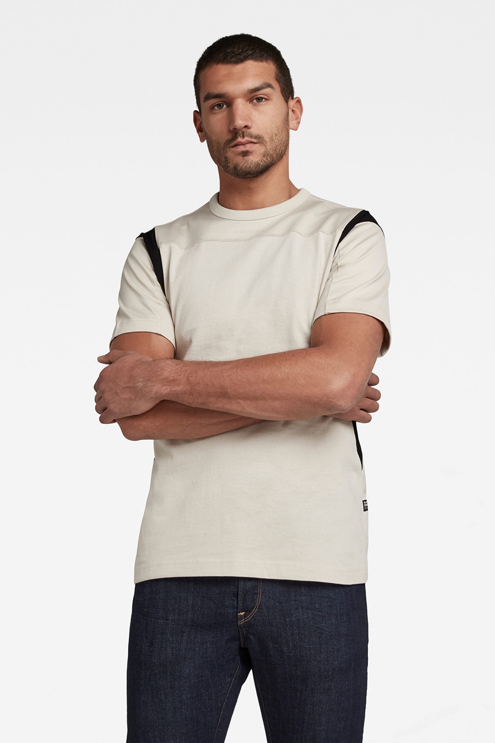 G-Star RAW, Tricou de bumbac organic cu detalii contrastante Motac, Alb fildes/Negru, S