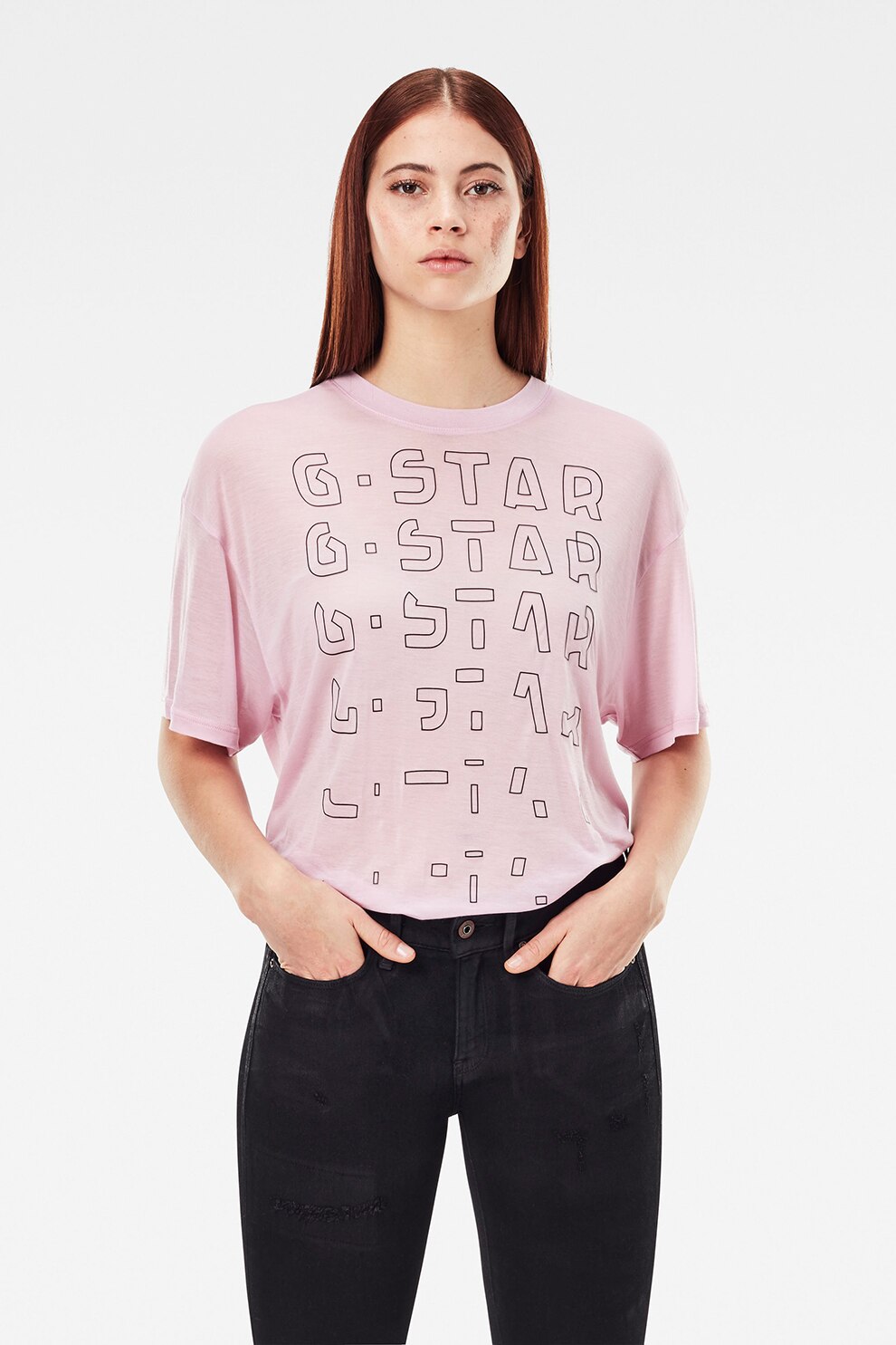 G-Star RAW, Tricou de lyocell cu imprimeu logo, Roz pastel
