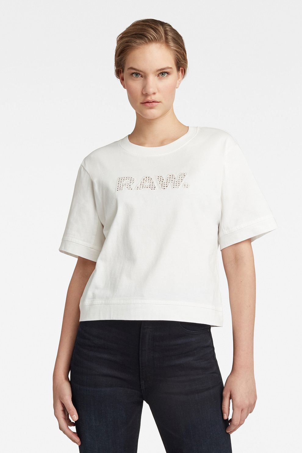 G-Star RAW, Tricou de bumbac organic cu logo brodat, Alb