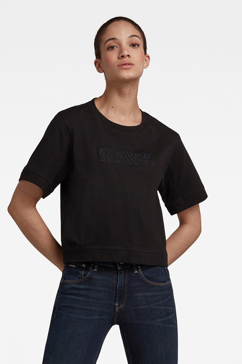 G-Star RAW, Tricou de bumbac organic cu logo brodat, Negru stins