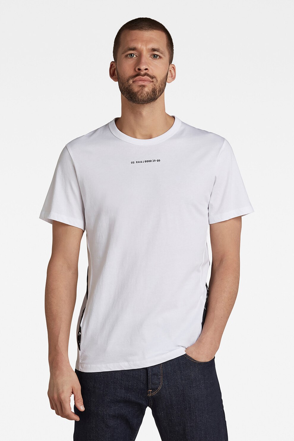 G-Star RAW, Tricou de bumbac organic cu decolteu la baza gatului, Alb/Negru
