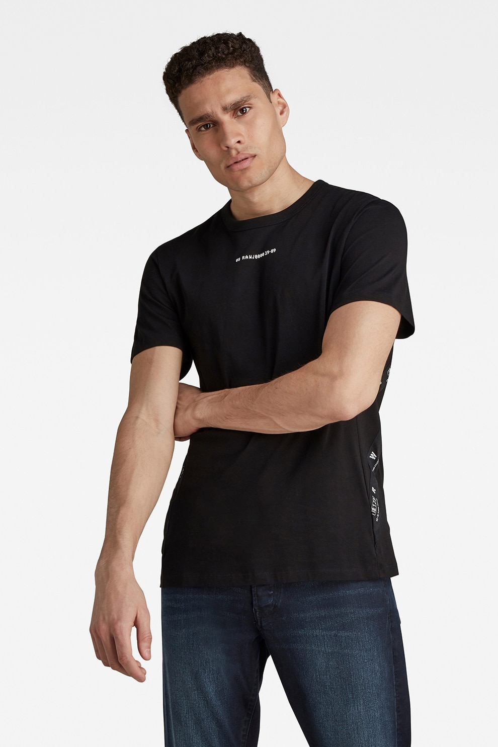 G-Star RAW, Tricou de bumbac organic cu decolteu la baza gatului, Negru/Alb