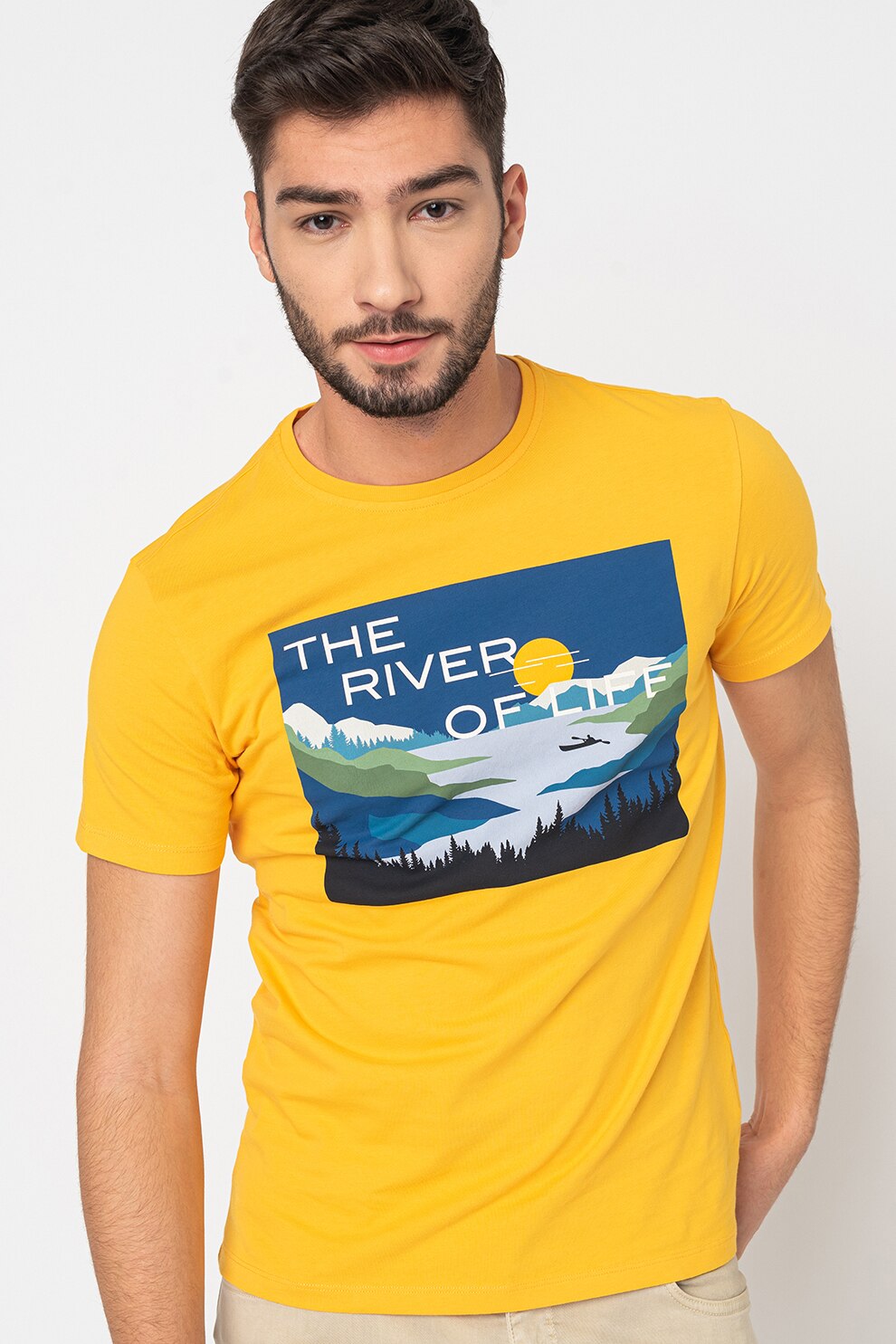 United Colors of Benetton, Tricou de bumbac cu imprimeu, Galben sofran/Albastru inchis