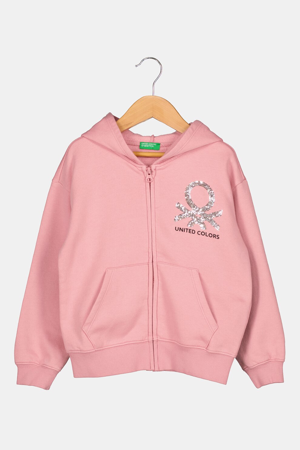 United Colors of Benetton, Hanorac cu fermoar si buzunare frontale, Roz pastel