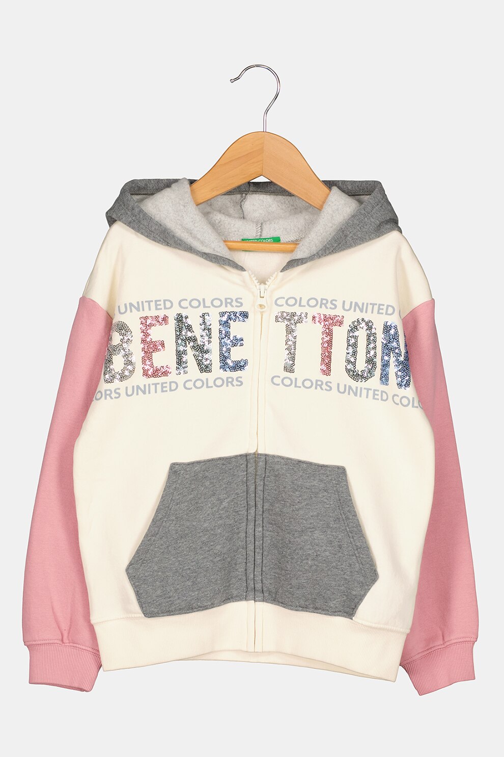 United Colors of Benetton, Hanorac cu fermoar si buzunare frontale, alb, roz pastel, gri deschis
