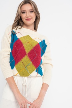 United Colors of Benetton, Pulover din amestec de lana cu model in carouri, alb prafuit, albastru, galben mustar, S United Colors of Benetton, Pulover din amestec de lana cu model in carouri, alb prafuit, albastru, galben mustar, S